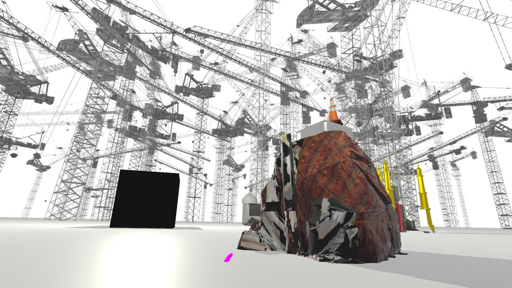 Cranes and Cube, San Jose Institute of Contemporary Art, 2018. Virtual reality and text on wall. A virtual reality image of several massive construction cranes crisscrossing against a white skyline. In the right foreground is a large brown mound or boulder with an orange construction cone on top. In the left foreground is a large black cube.
