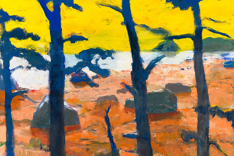 An abstract landscape painting with blue trees, an orange ground, and a yellow sky.