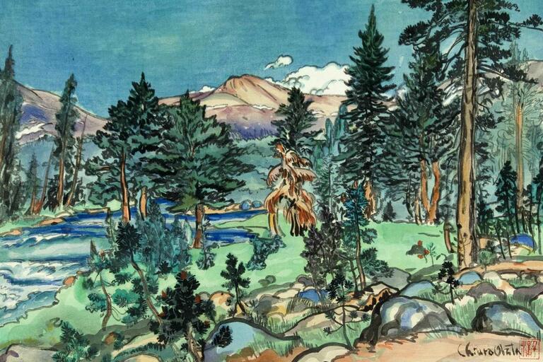 An ink woodblock print of a Yosemite landscape by Chiura Obata