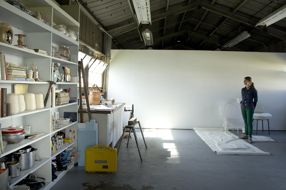 Shari Paladino (MFA ’17) in her spacious graduate studio at the Richmond Field Station.