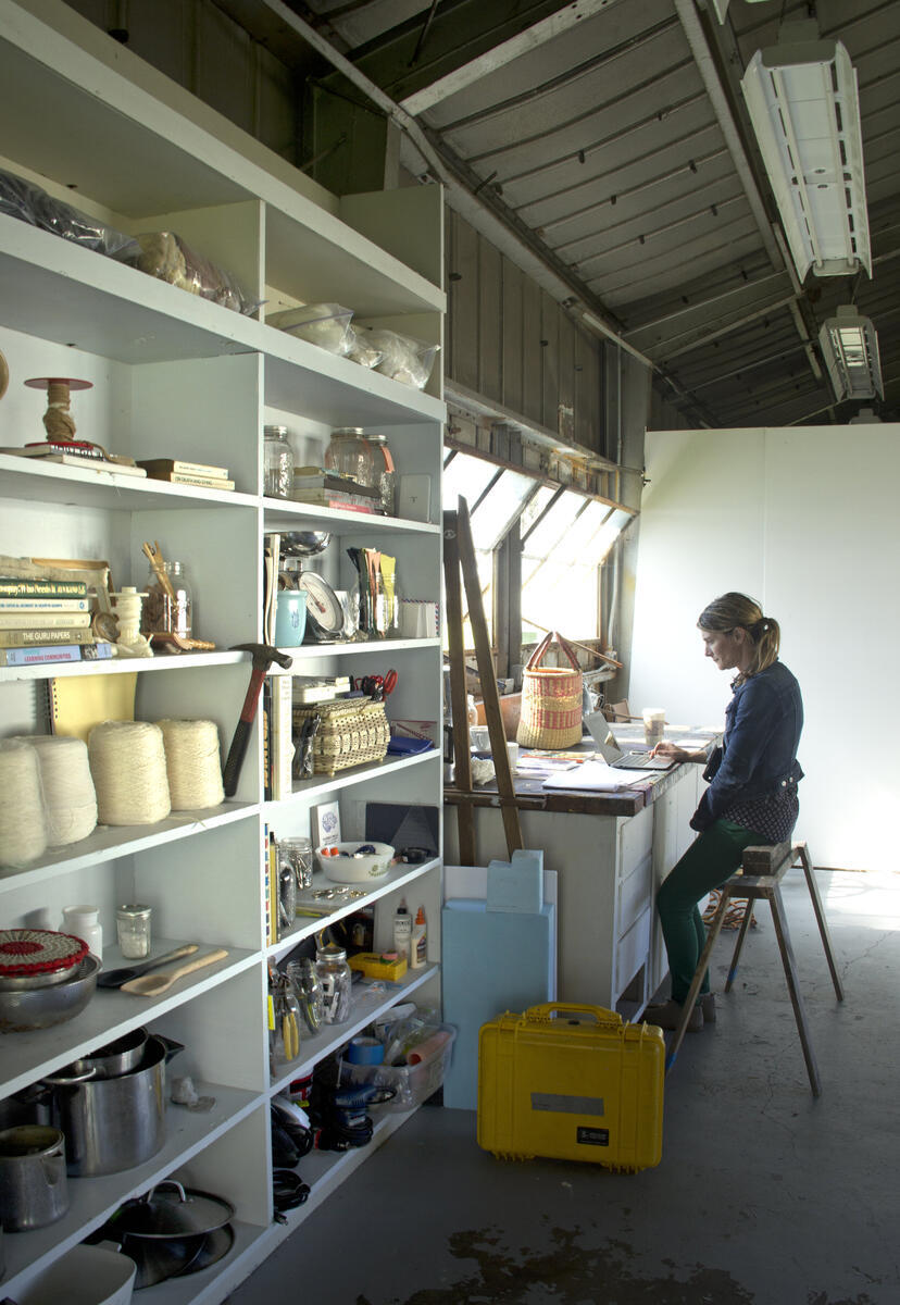 Shari Lynn Paladino (MFA 2016) at work in her graduate studio at the Richmond Field Station