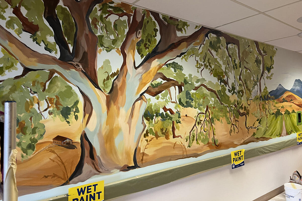 An in-progress mural of a large oak tree on a wall in a hospital hallway. Yellow signs below the mural read "wet paint."