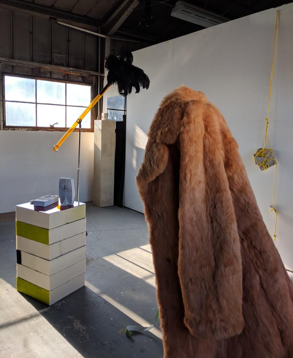 Studio view of Xandra Ibarra’s studio at the Richmond Field Station, with works in progress.